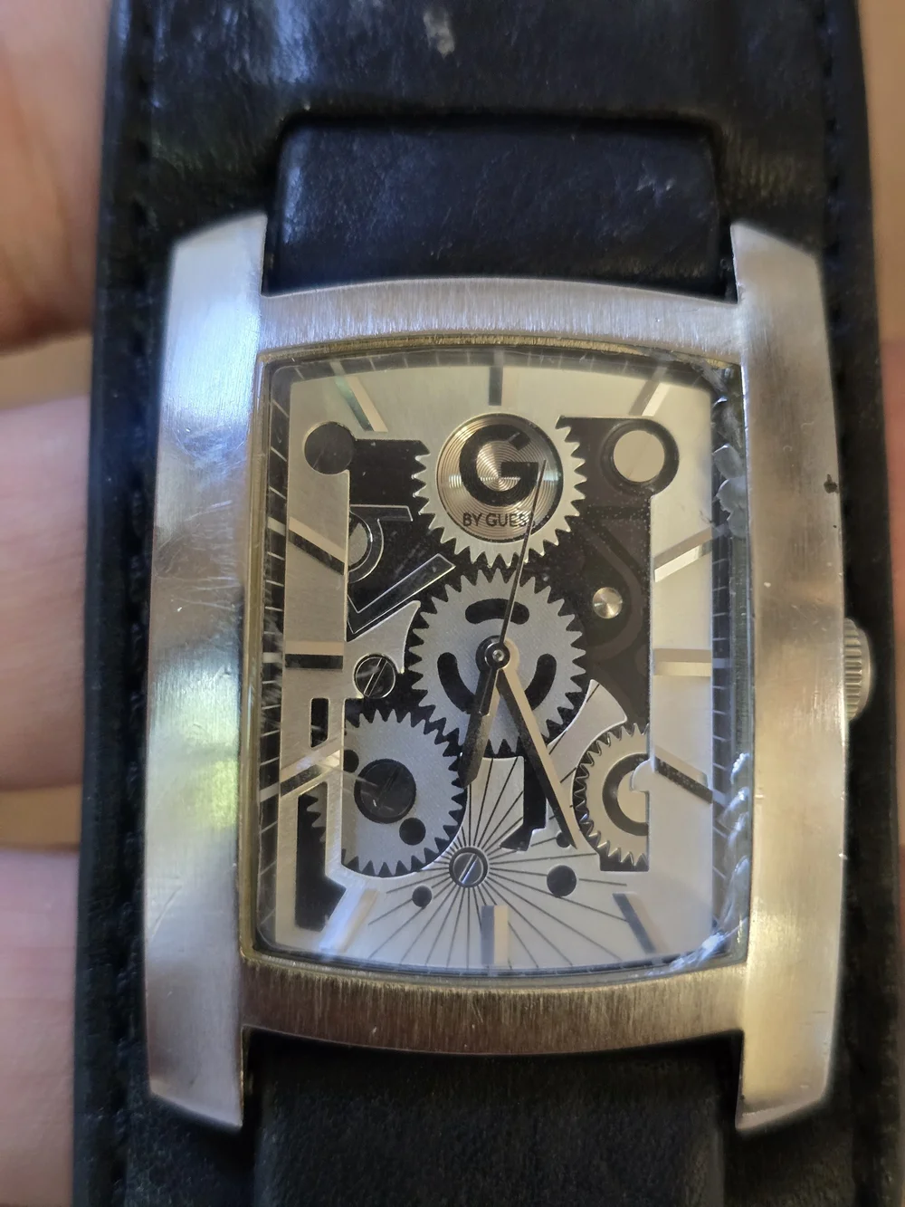 Men's Black Leather Cuff Watch with Silver Case Guess
